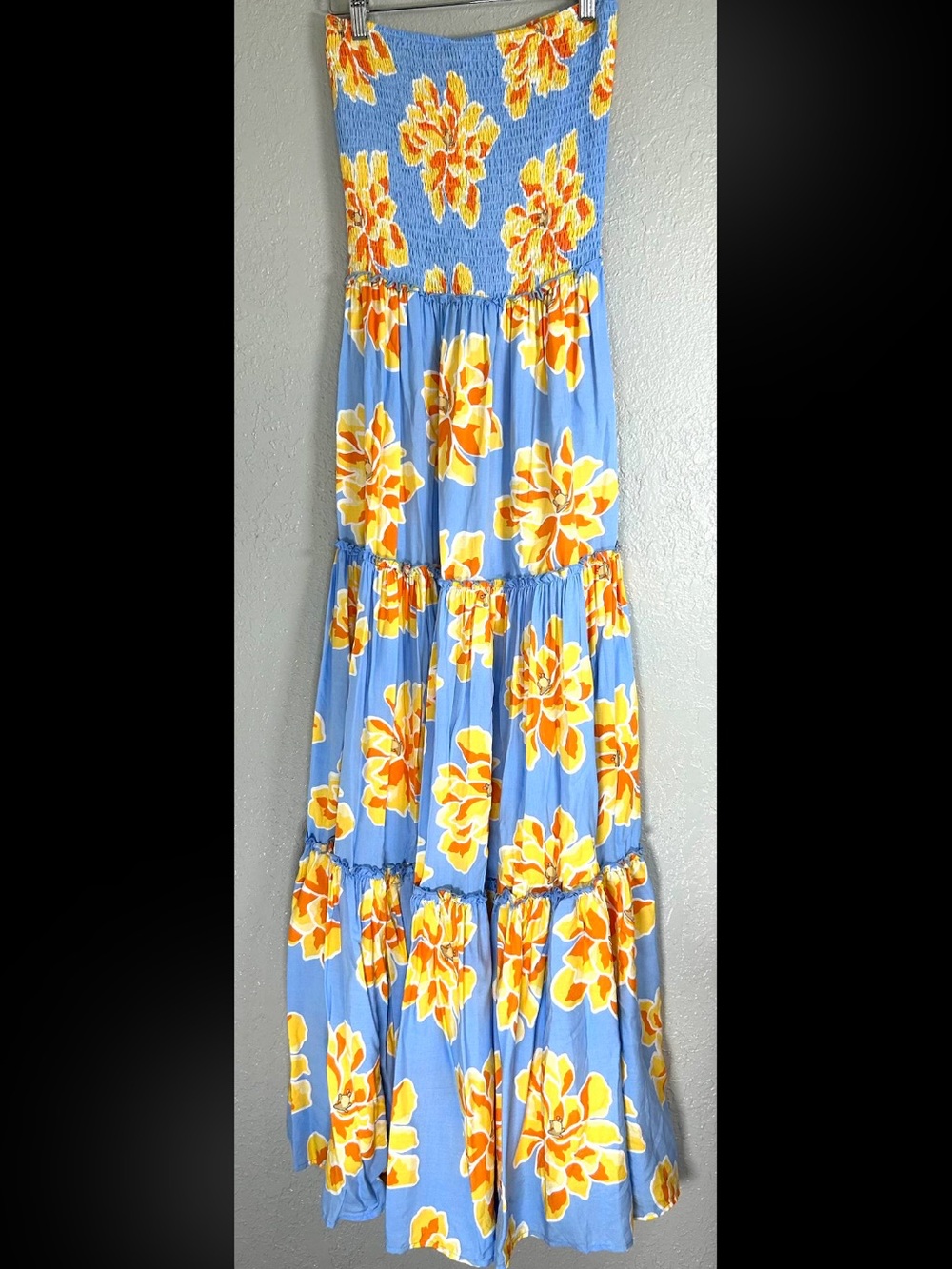Abel The Label Strapless Floral Tiered Maxi Dress Blue Yellow Smocked M